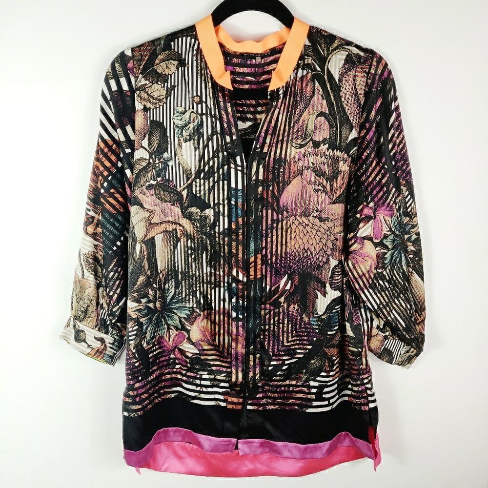 ‎Elie Tahari Floral Stripe Button Down Shirt Small